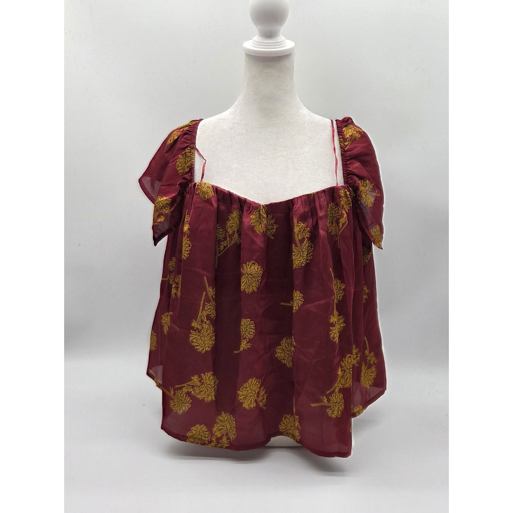 Honey Belle Women's L Burgundy Mustard Floral Flutter Sleeve Blouse 101-570